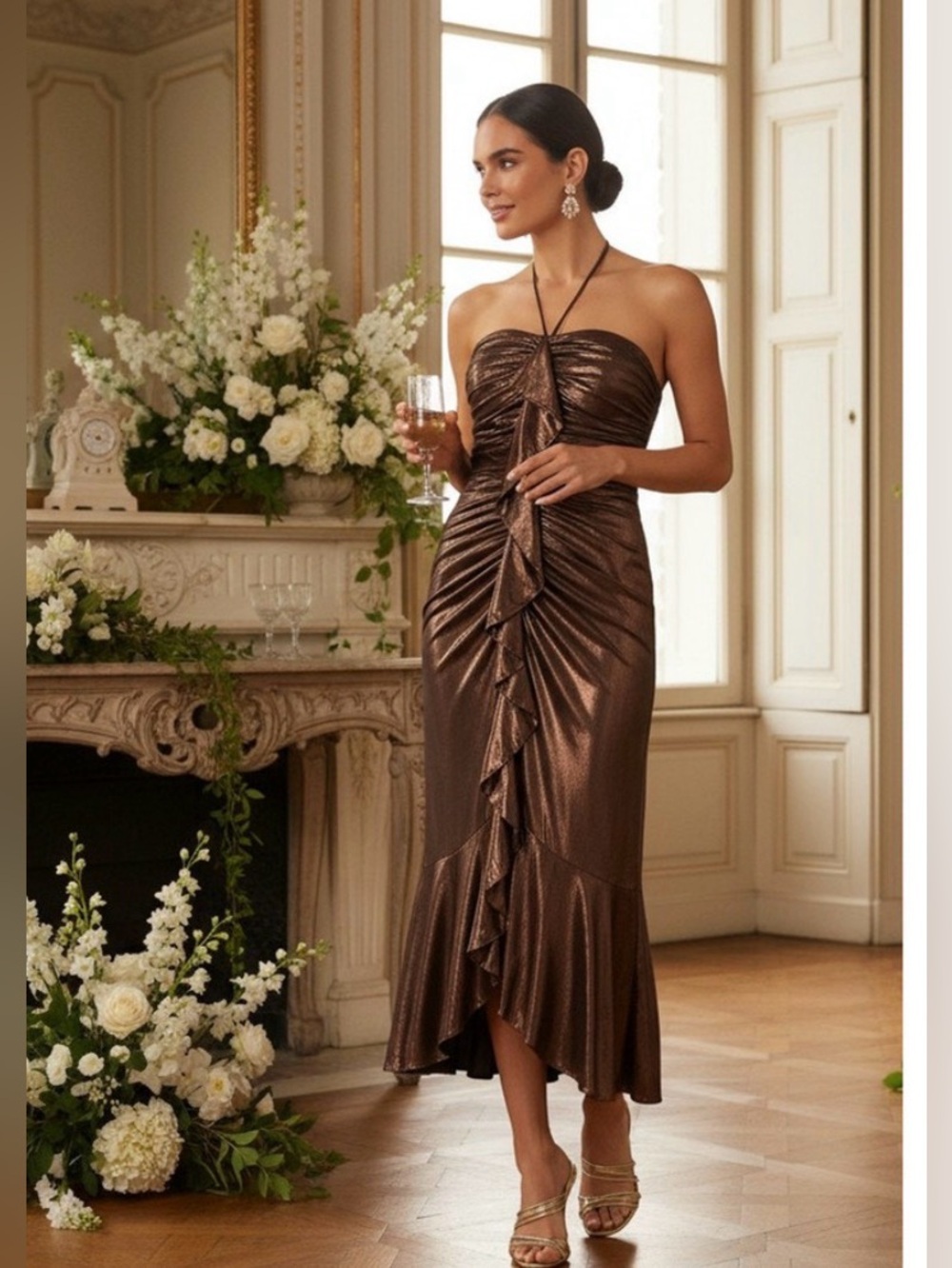 Adrianna Papell Ruched Ruffle Foil Midi Dress. Cinnamon, size 6. NEW w/ TAGS.